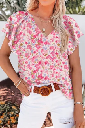 Flutter Sleeve Notched Floral Summer Blouse