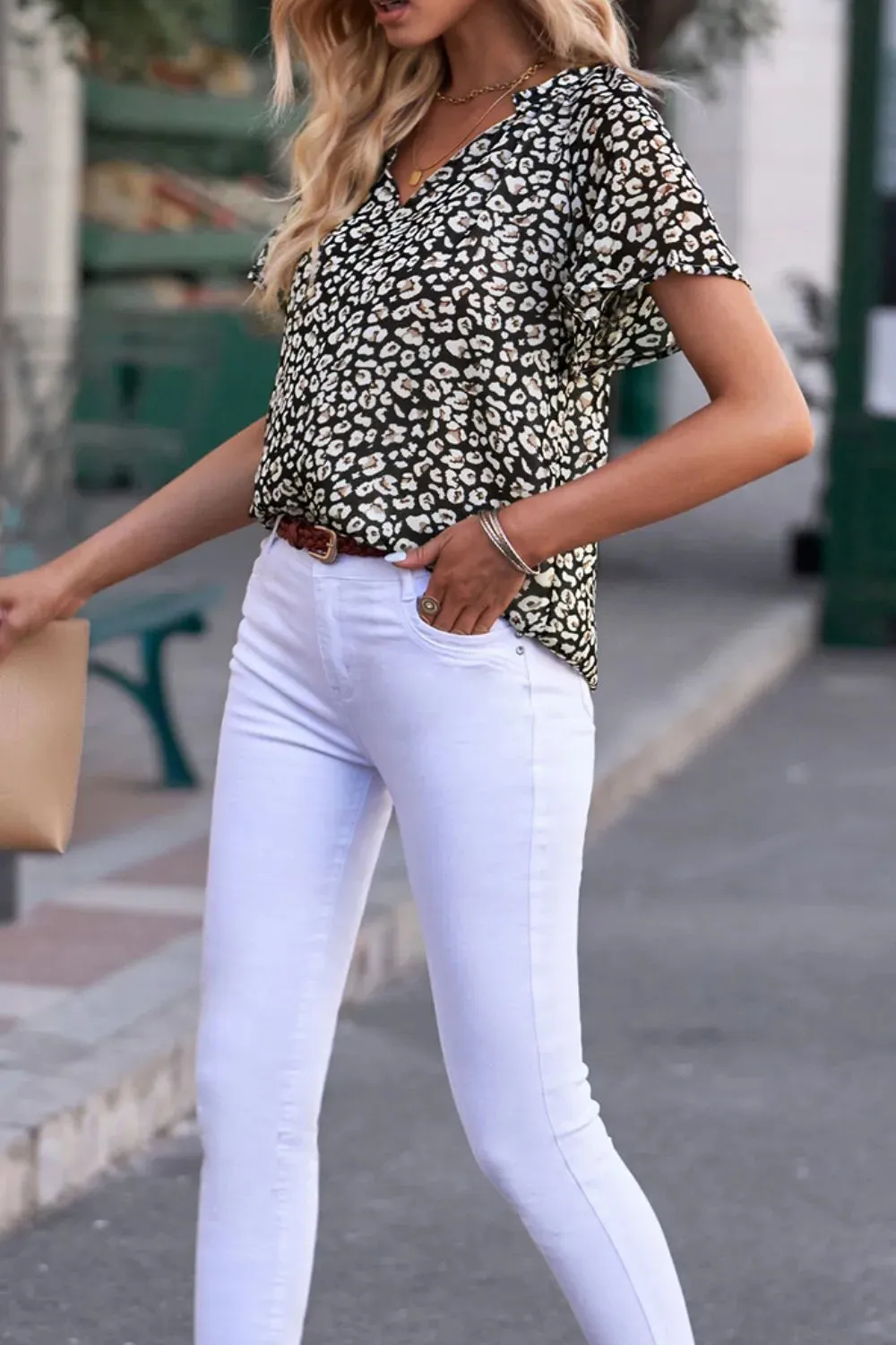 Flutter Sleeve Notched Floral Summer Blouse
