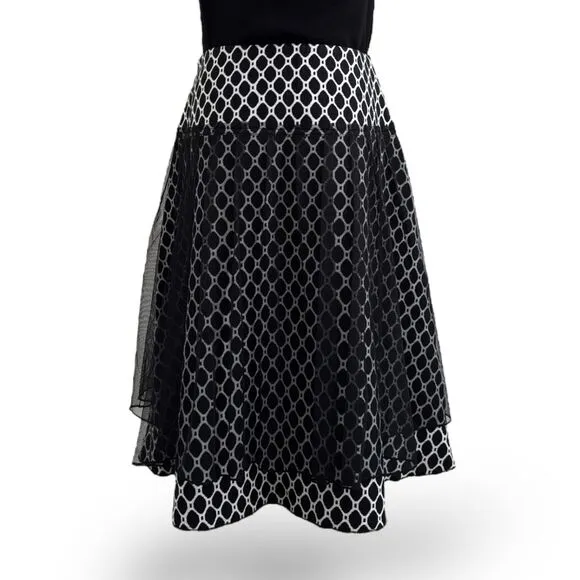 For the Republic Flared Wool/Tuille Skirt Black/White Wm Sz 6 NWT Unique Embroid
