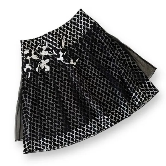 For the Republic Flared Wool/Tuille Skirt Black/White Wm Sz 6 NWT Unique Embroid