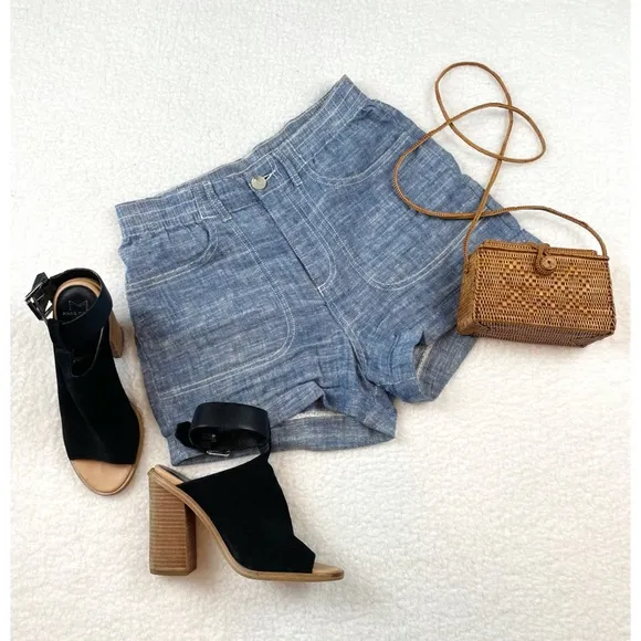 FRENCH CONNECTION • Blue Linen High-Waisted Shorts