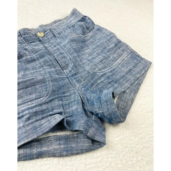 FRENCH CONNECTION • Blue Linen High-Waisted Shorts