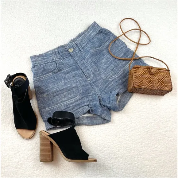 FRENCH CONNECTION • Blue Linen High-Waisted Shorts