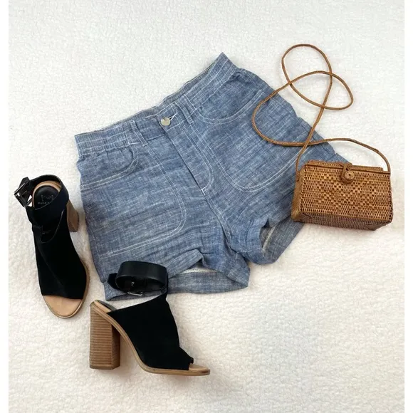 FRENCH CONNECTION • Blue Linen High-Waisted Shorts