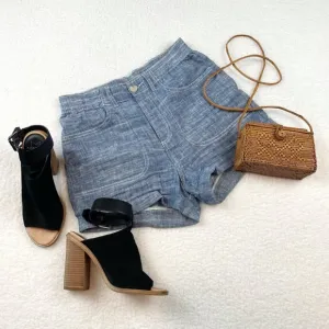 FRENCH CONNECTION • Blue Linen High-Waisted Shorts