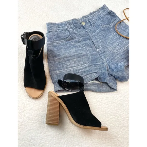 FRENCH CONNECTION • Blue Linen High-Waisted Shorts