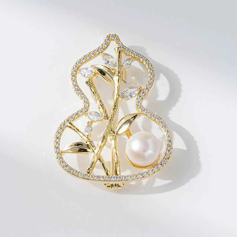 French Luxury Copper Zircon Freshwater Pearl Bamboo Gourd Brooch