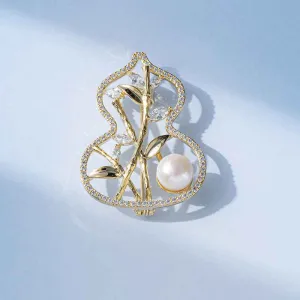 French Luxury Copper Zircon Freshwater Pearl Bamboo Gourd Brooch