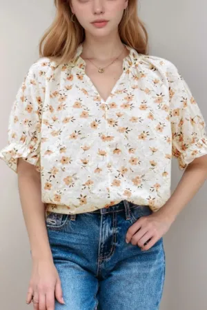 Frill Printed Notched Short Sleeve Blouse