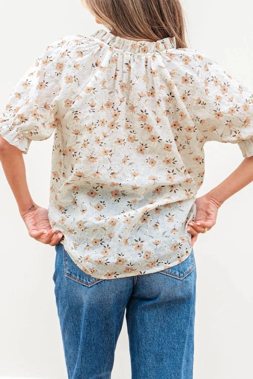 Frill Printed Notched Short Sleeve Blouse