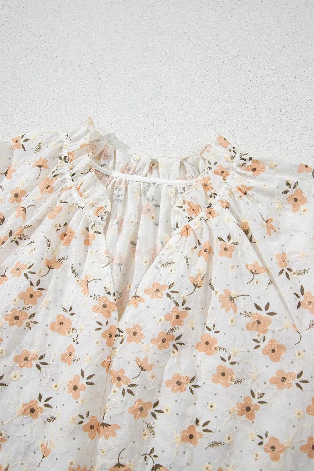 Frill Printed Notched Short Sleeve Blouse
