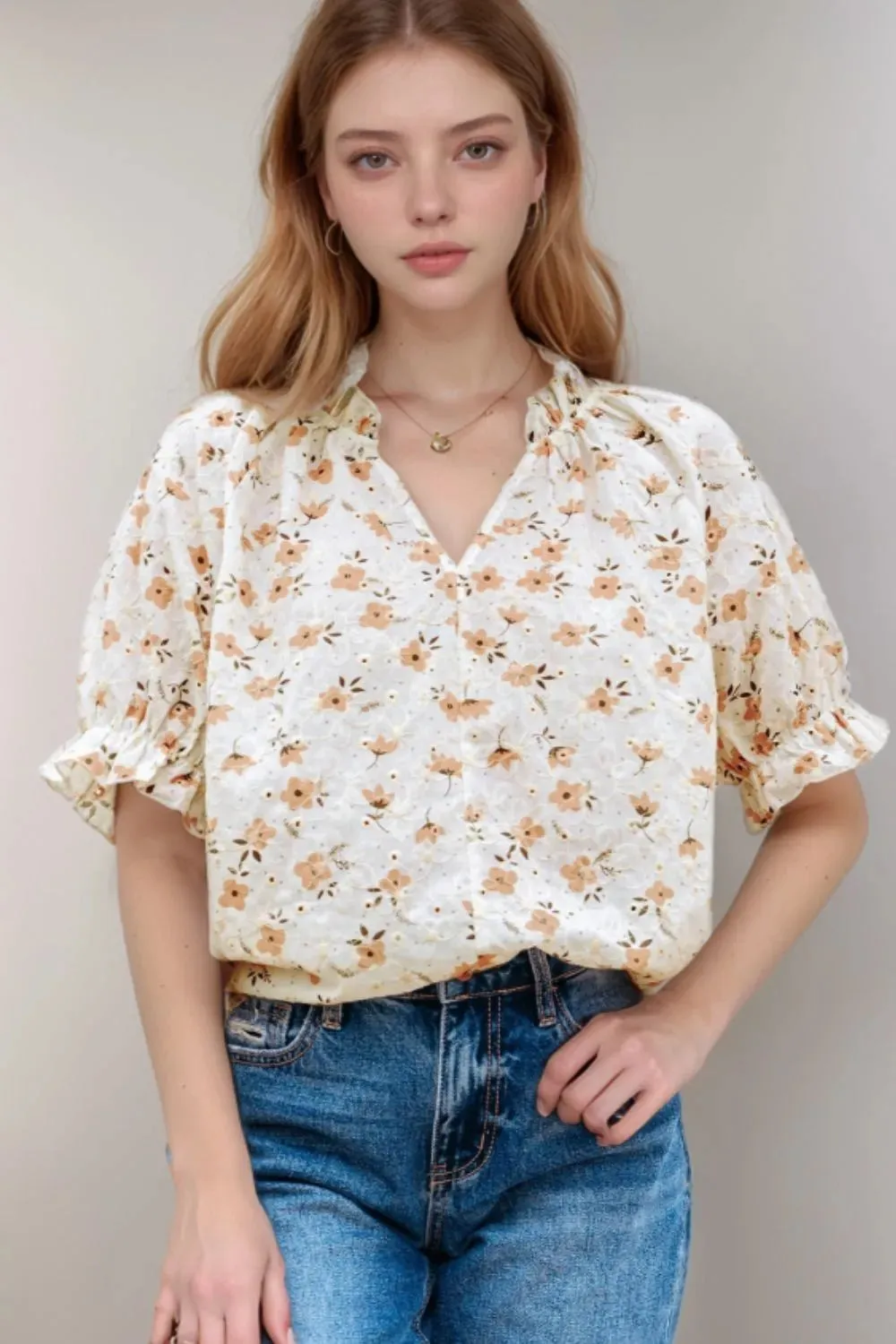 Frill Printed Notched Short Sleeve Blouse