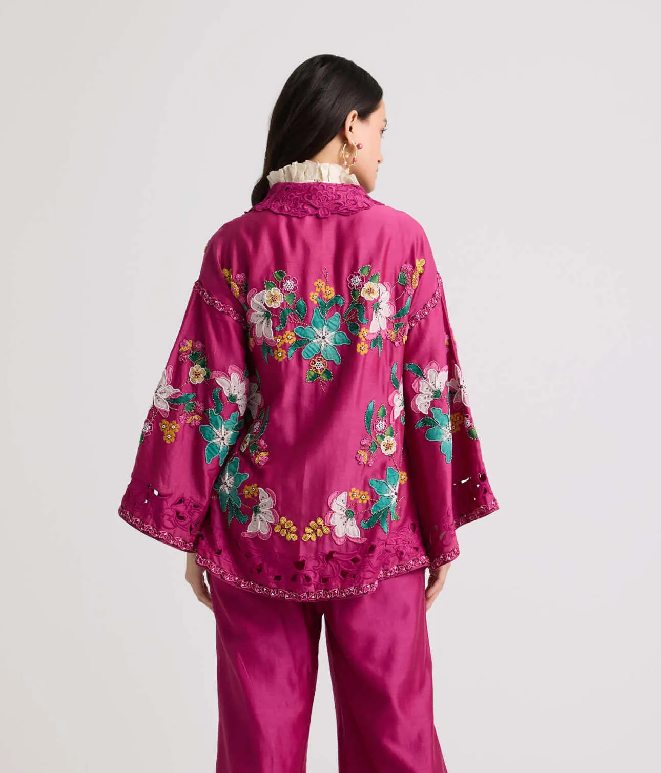 Fuchsia applique and beadwork flared jacket