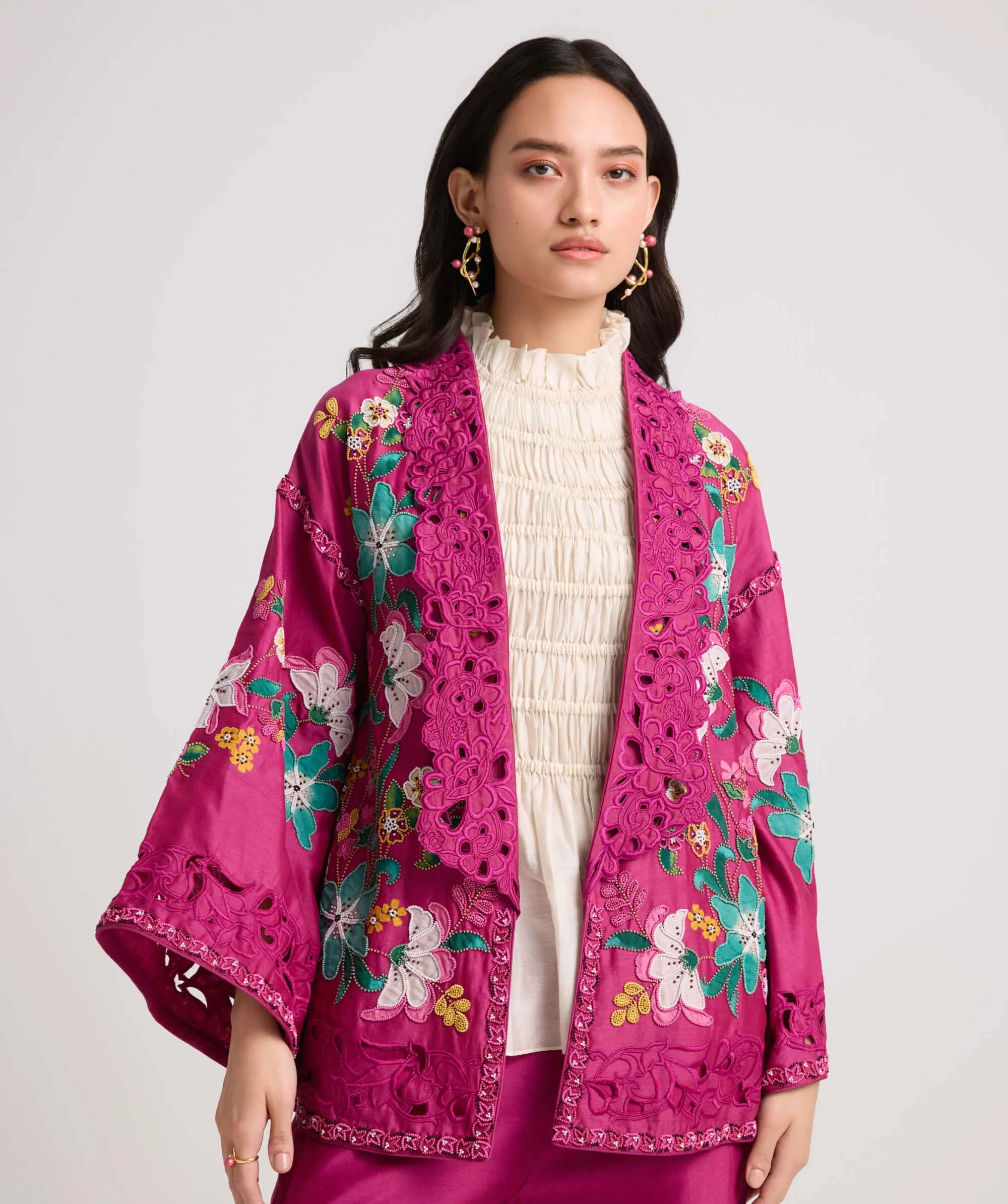 Fuchsia applique and beadwork flared jacket