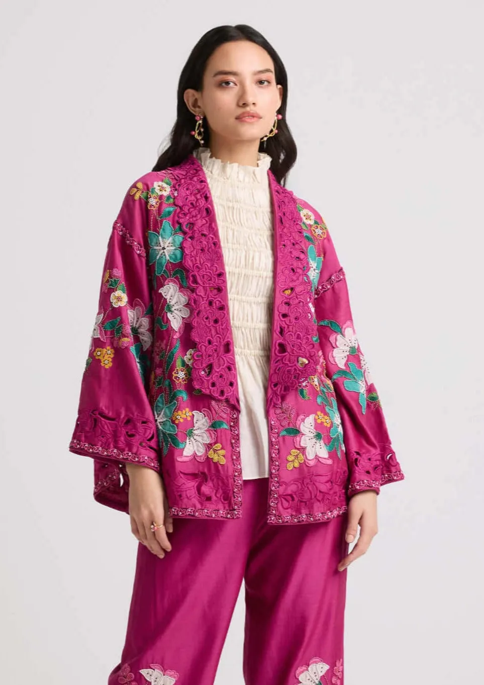 Fuchsia applique and beadwork flared jacket