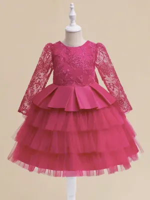 Fuchsia Floral Lace Ruffle Dress