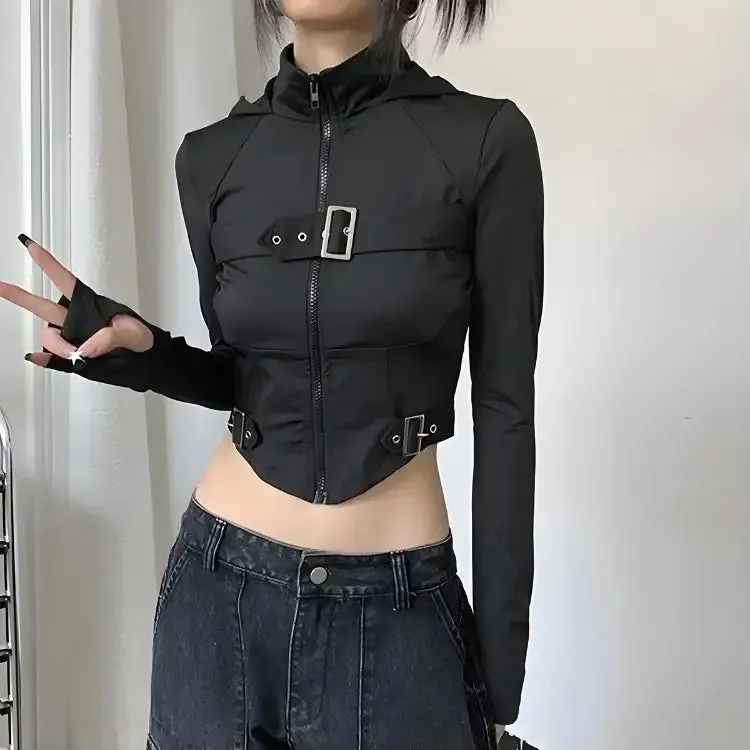 Futuristic Cyberpunk Crop Top with Belt Details and High Neck Design