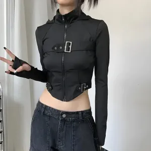 Futuristic Cyberpunk Crop Top with Belt Details and High Neck Design