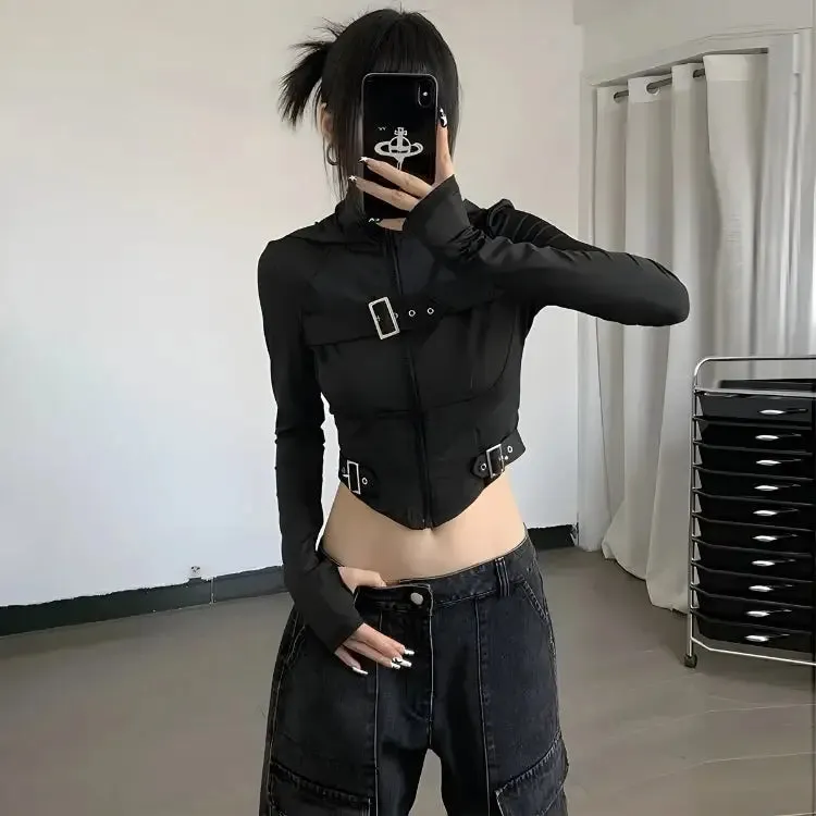 Futuristic Cyberpunk Crop Top with Belt Details and High Neck Design