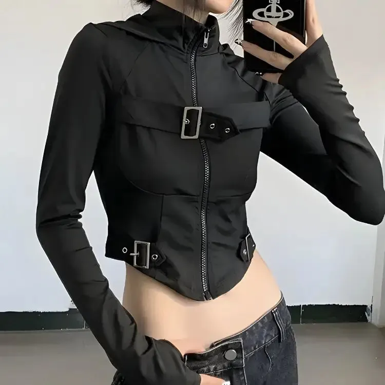 Futuristic Cyberpunk Crop Top with Belt Details and High Neck Design