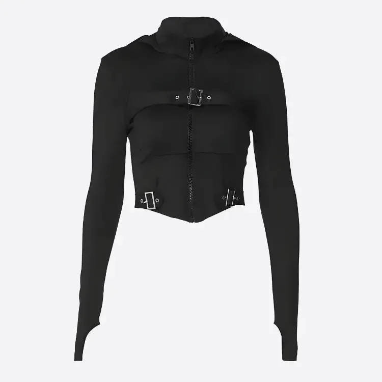 Futuristic Cyberpunk Crop Top with Belt Details and High Neck Design