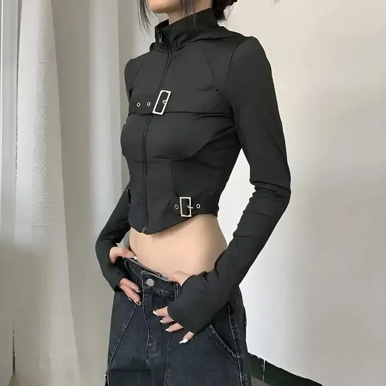 Futuristic Cyberpunk Crop Top with Belt Details and High Neck Design