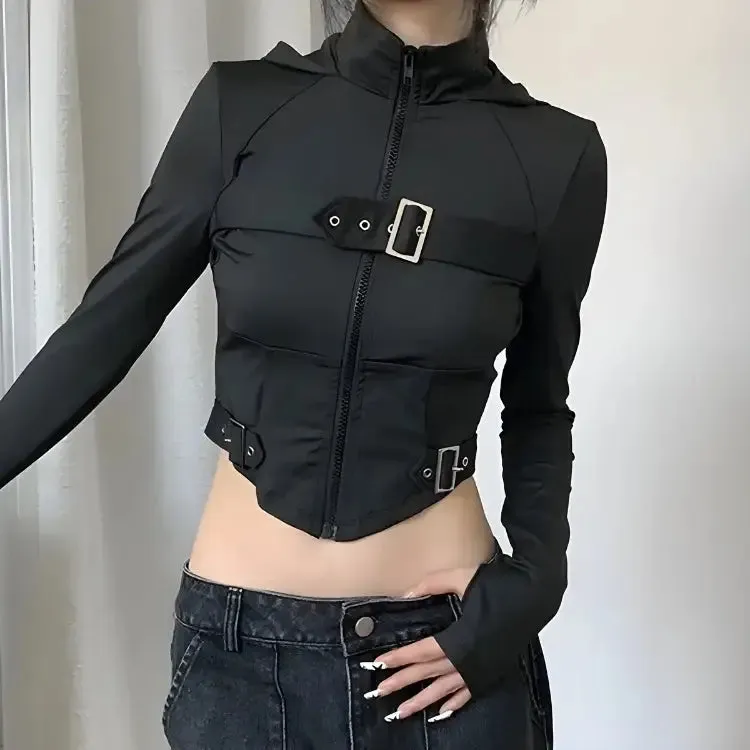 Futuristic Cyberpunk Crop Top with Belt Details and High Neck Design