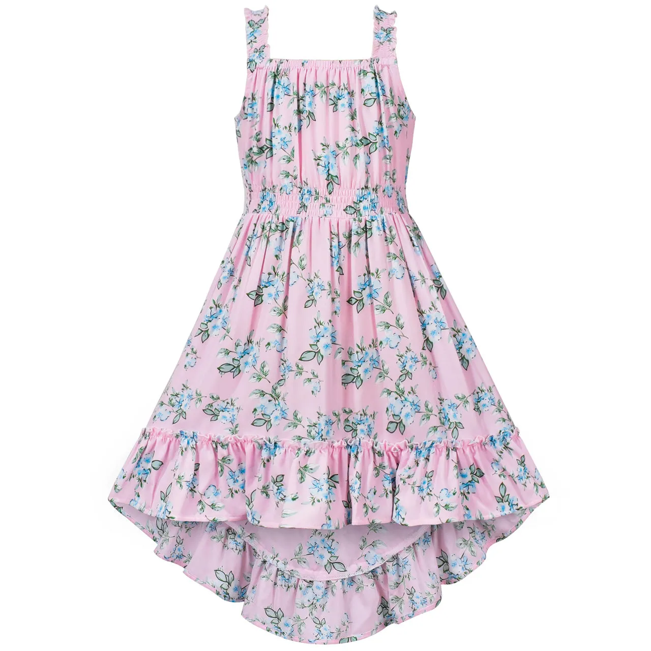 Girls Dress Hi-lo Cute Suspender Wide Spaghetti Flower Sleeveless Size 7-14 Years