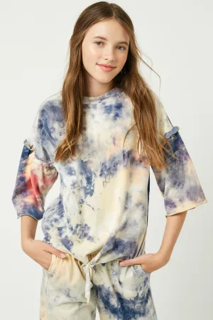 Girls Tie Dye Ruffle Sleeve Tie Front Top
