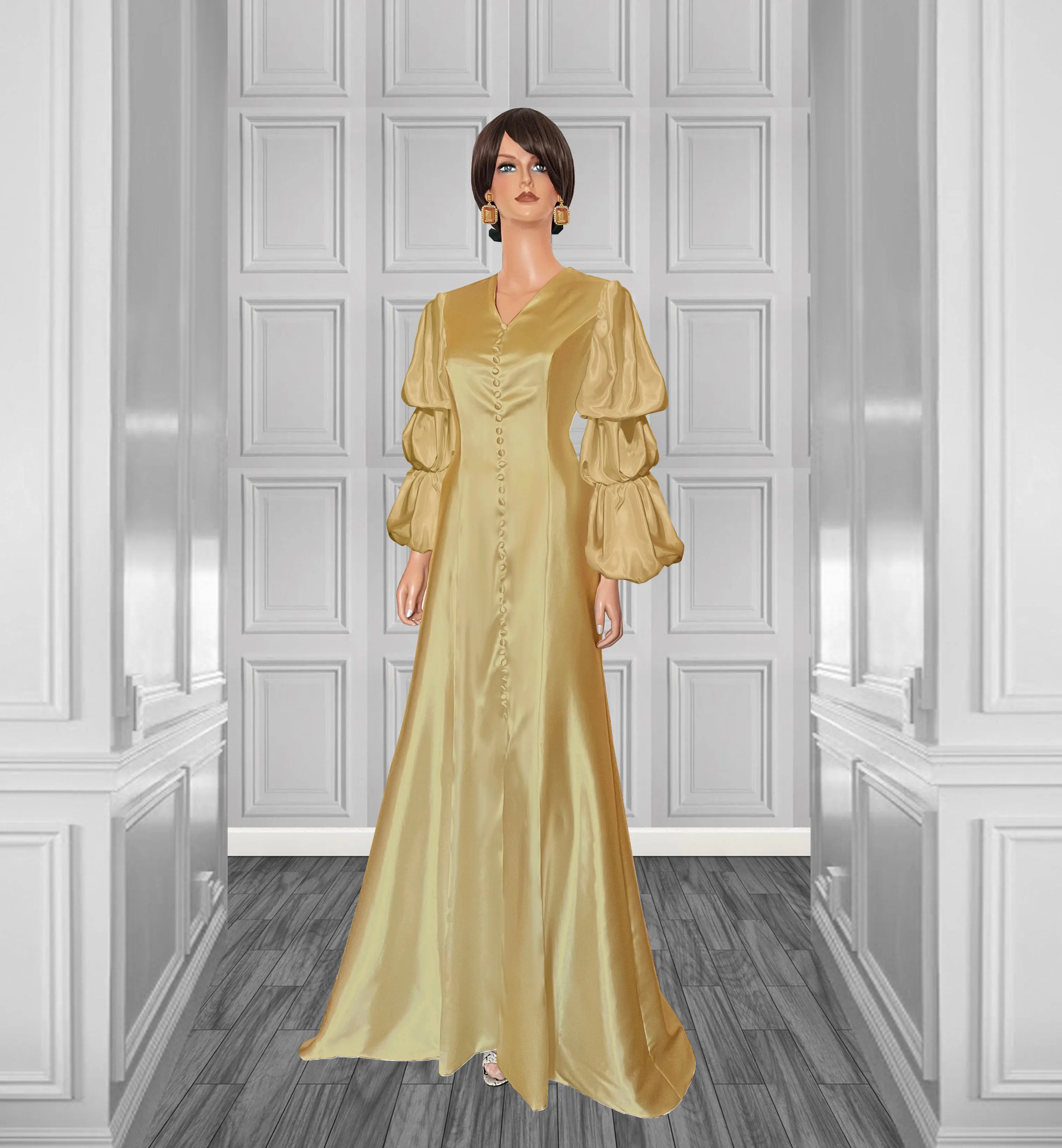 Glow Satin Wedding Gown with Layered Puff Sleeves