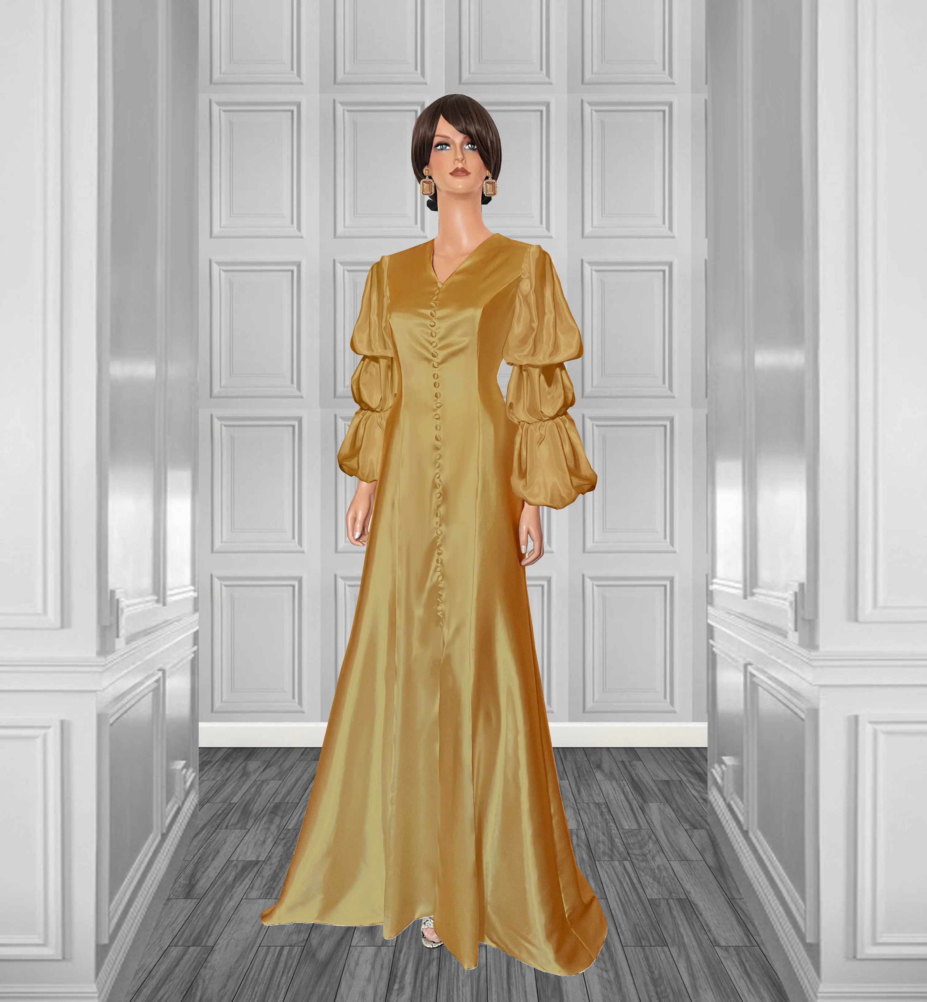 Glow Satin Wedding Gown with Layered Puff Sleeves