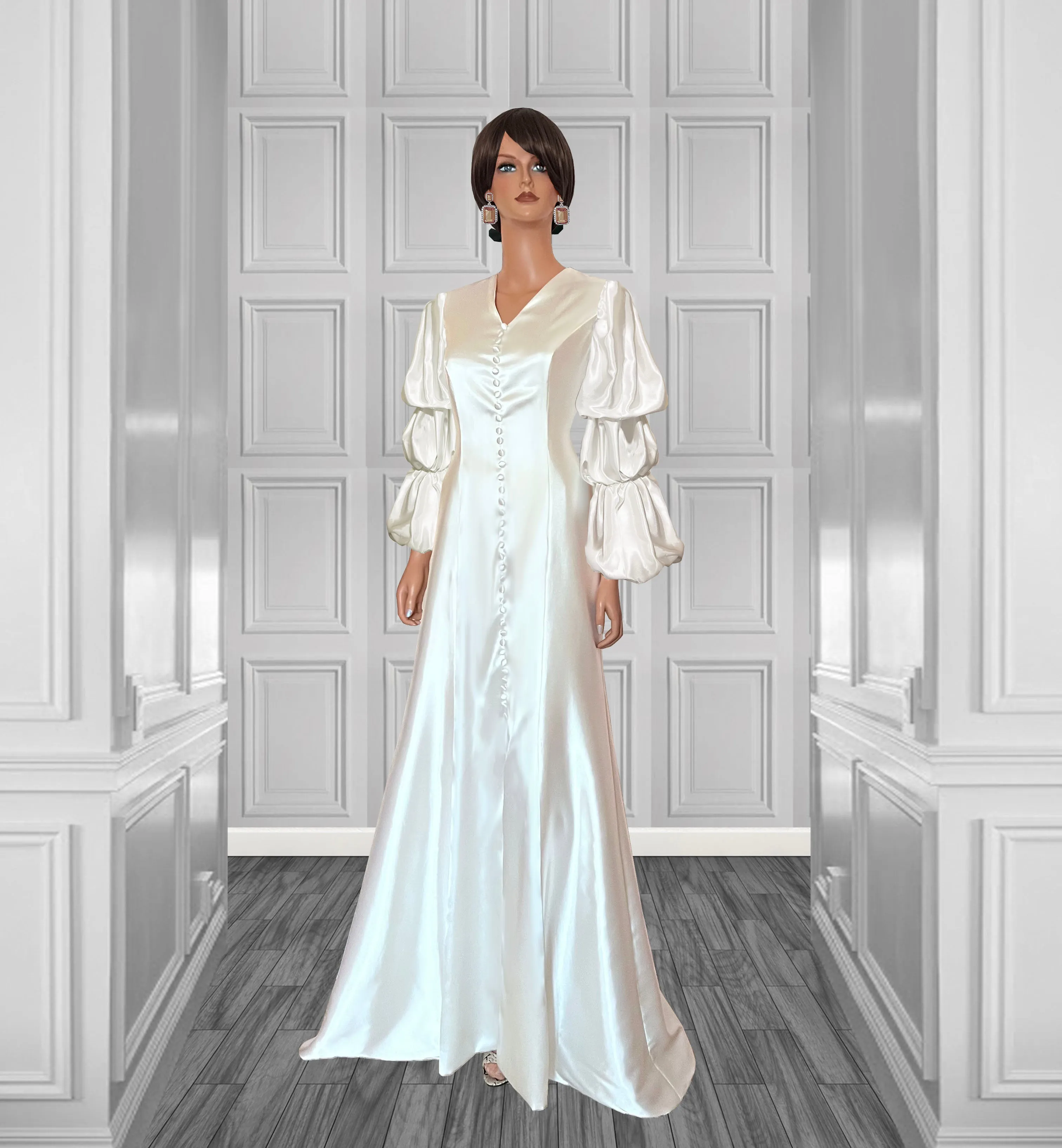 Glow Satin Wedding Gown with Layered Puff Sleeves