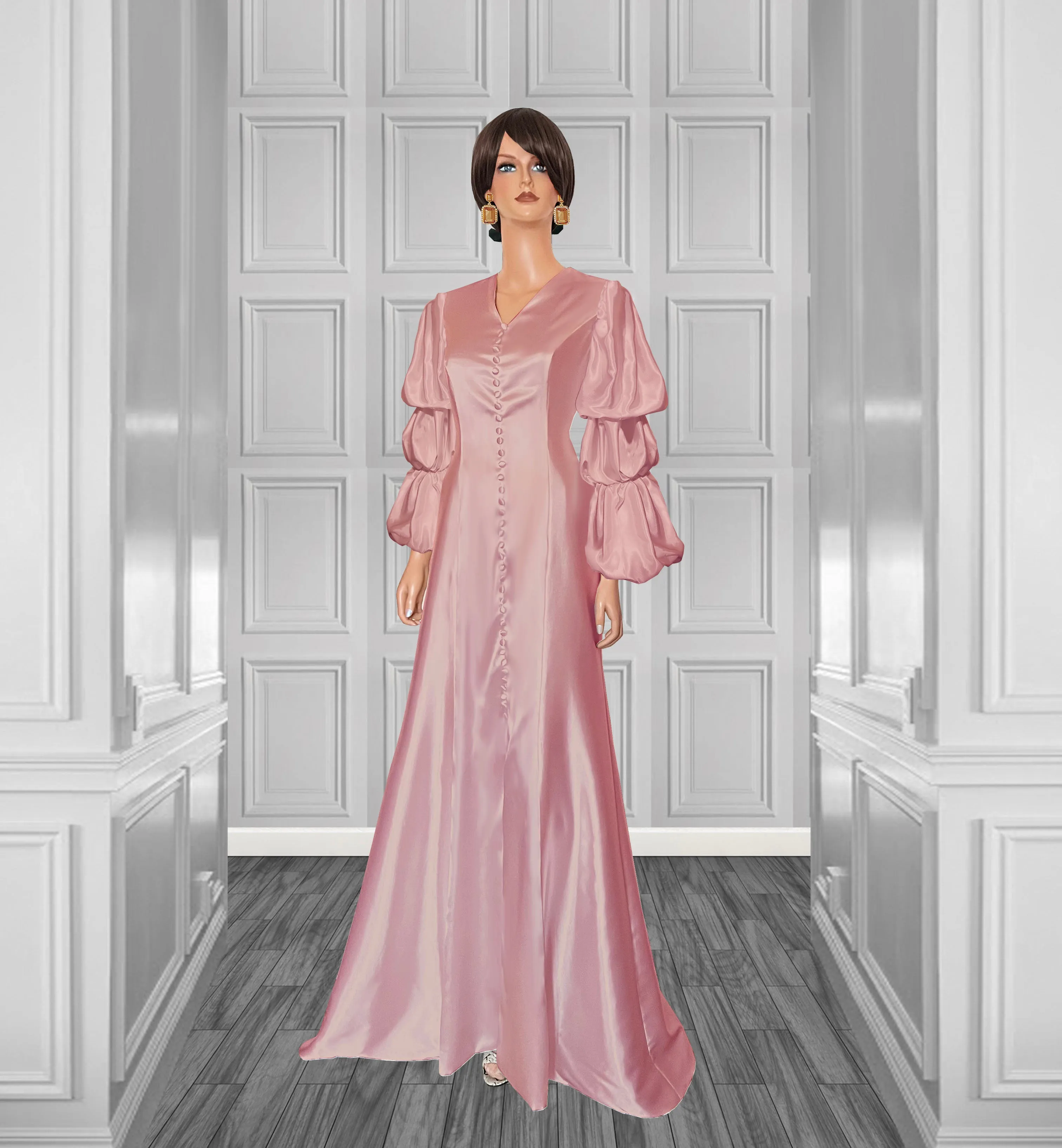 Glow Satin Wedding Gown with Layered Puff Sleeves