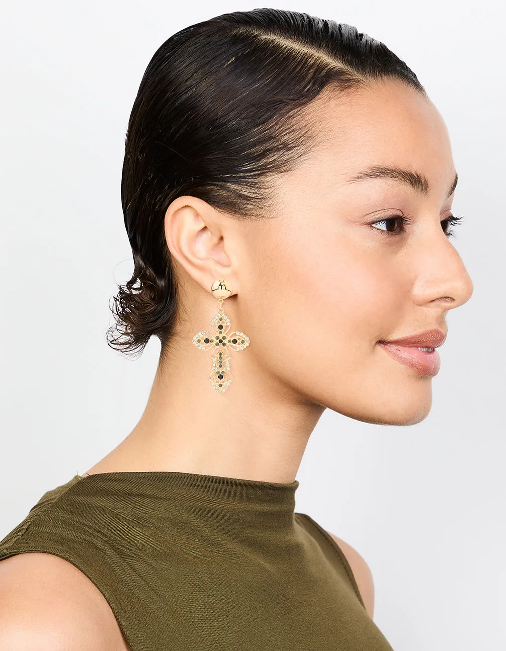 Gold Black Diamante Cross Drop Earrings