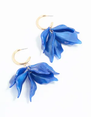 Gold Blue Petal Drop Hoop Earrings