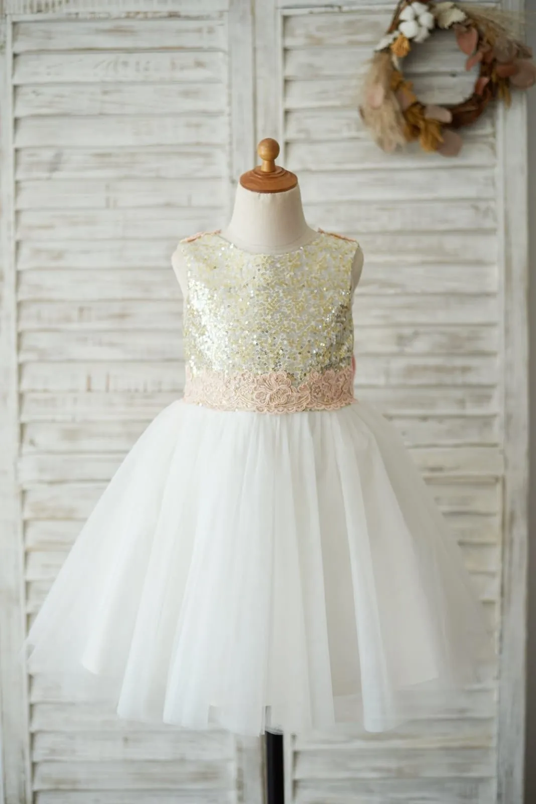 Gold Sequin Ivory Tulle V Back Wedding Flower Girl Dress, Lace Belt