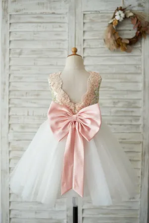 Gold Sequin Ivory Tulle V Back Wedding Flower Girl Dress, Lace Belt