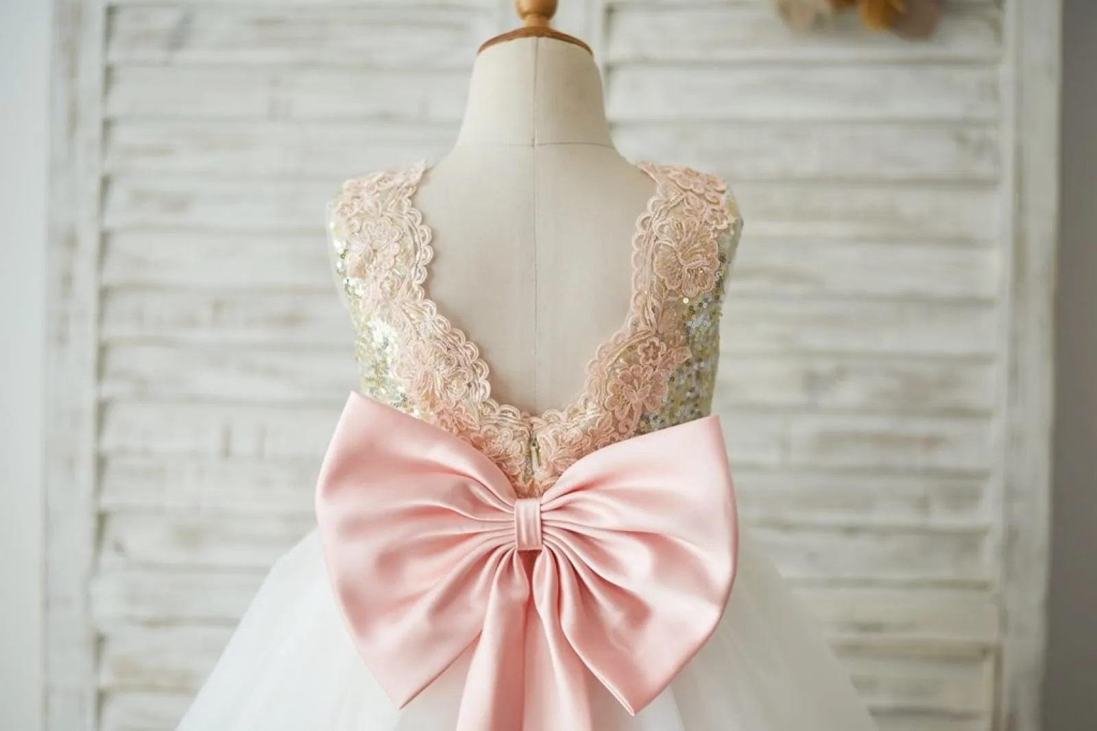 Gold Sequin Ivory Tulle V Back Wedding Flower Girl Dress, Lace Belt