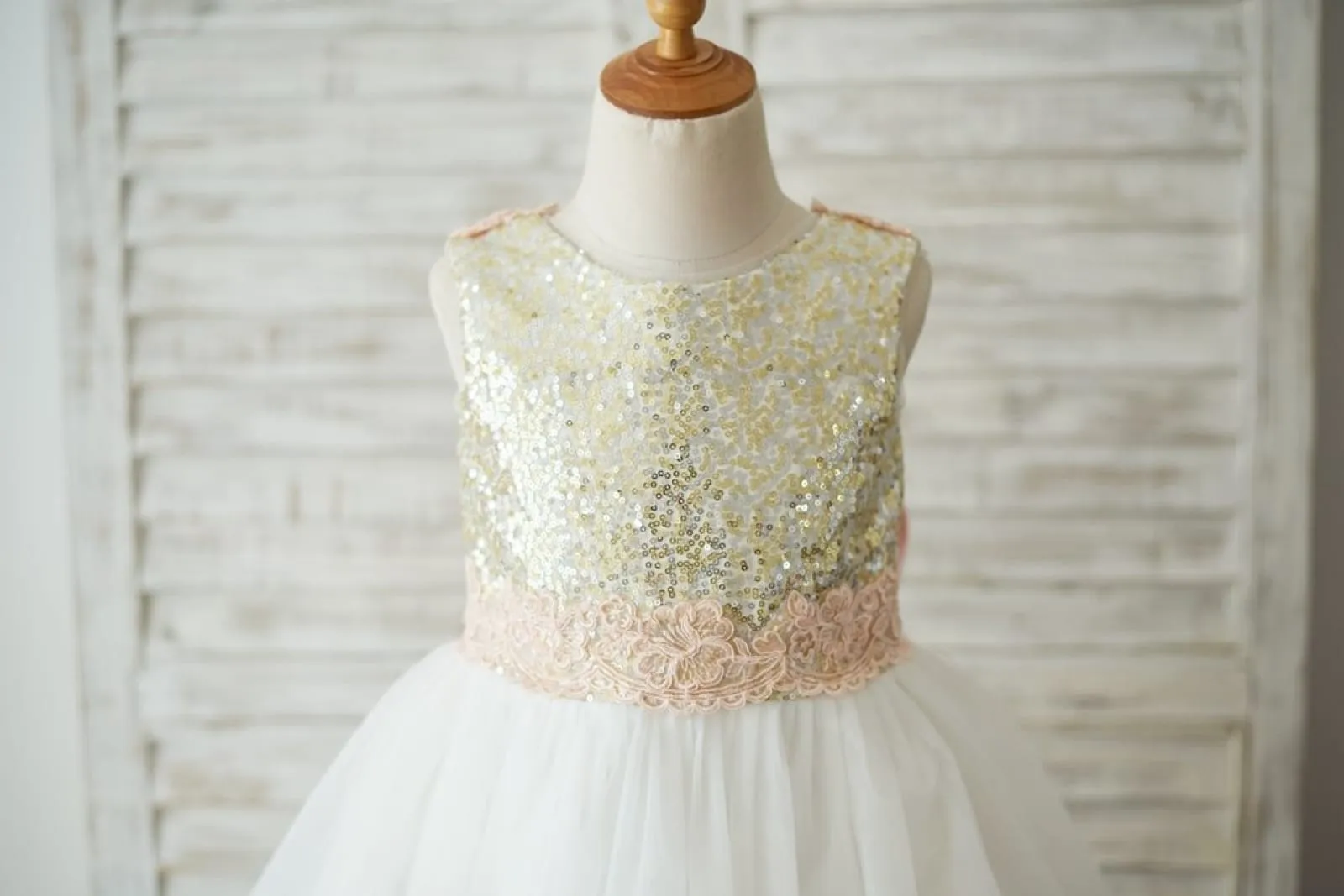 Gold Sequin Ivory Tulle V Back Wedding Flower Girl Dress, Lace Belt