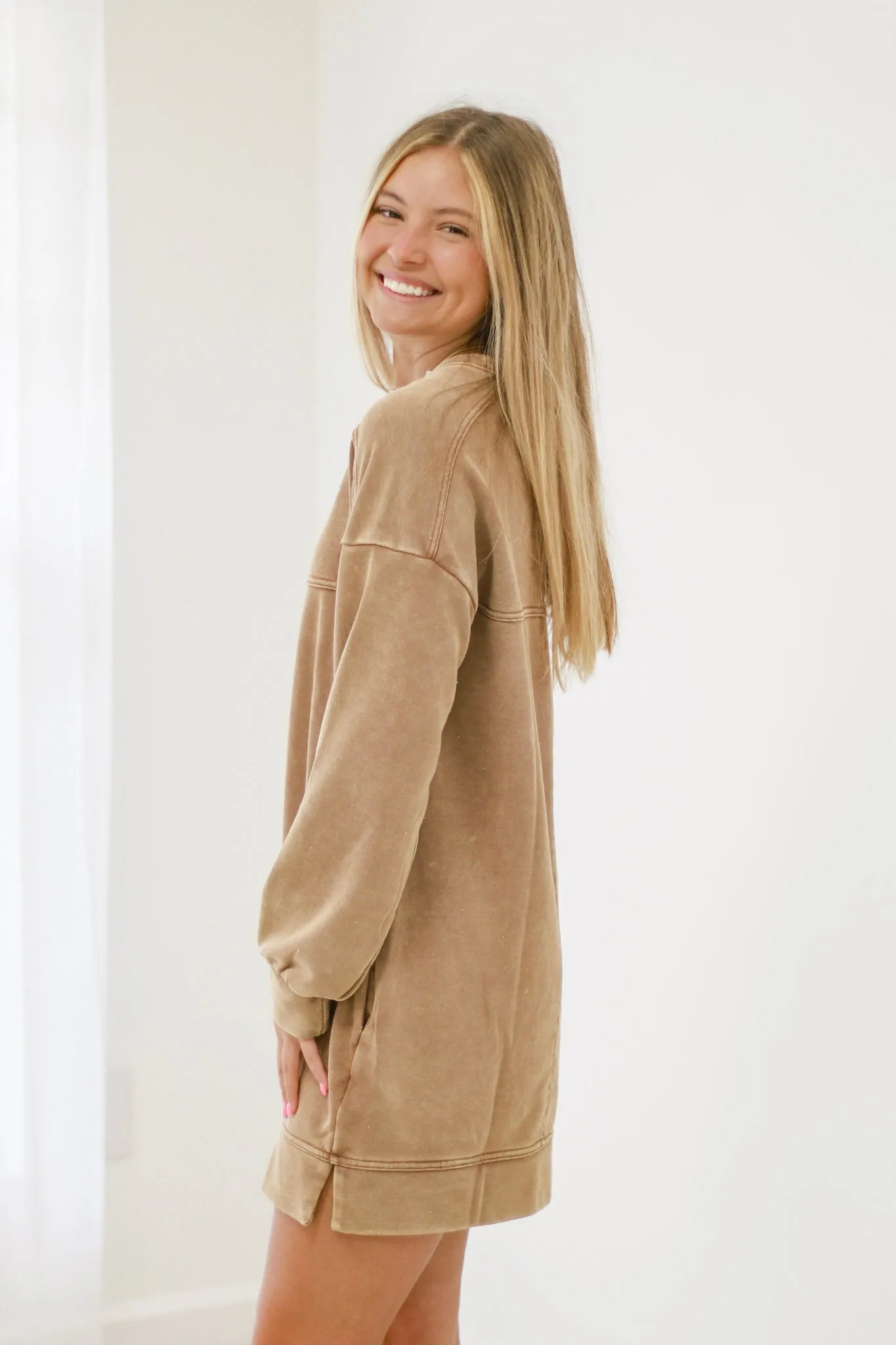 Good Times With You Mineral Wash Dress in Camel