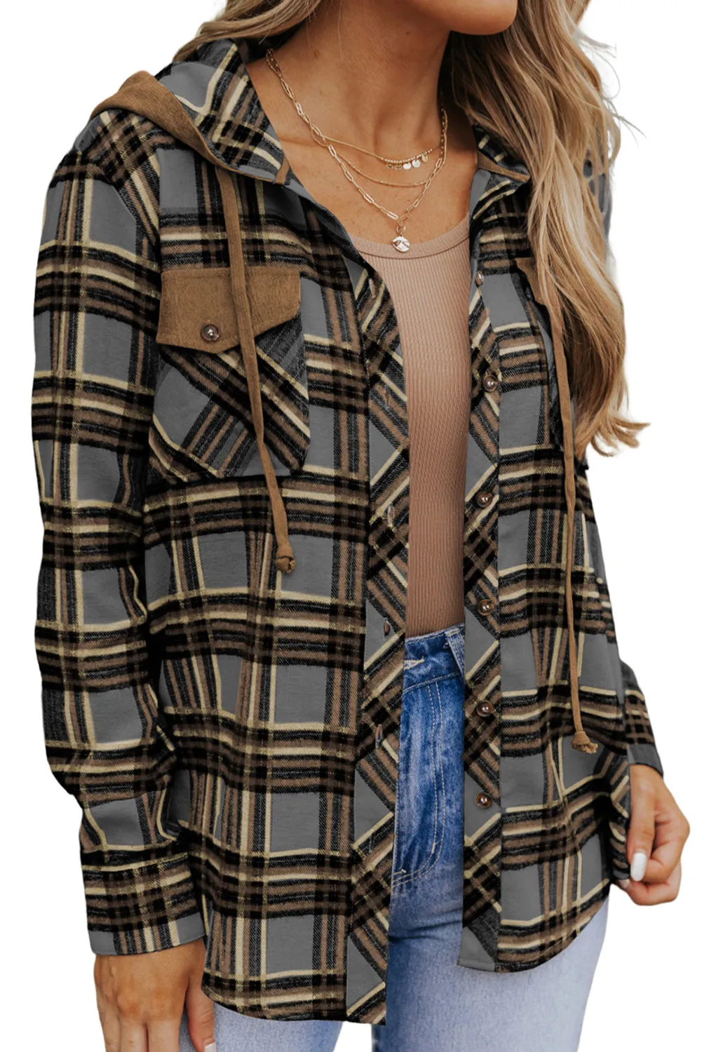 Gray Contrast Hooded Drawstring Plaid Shacket