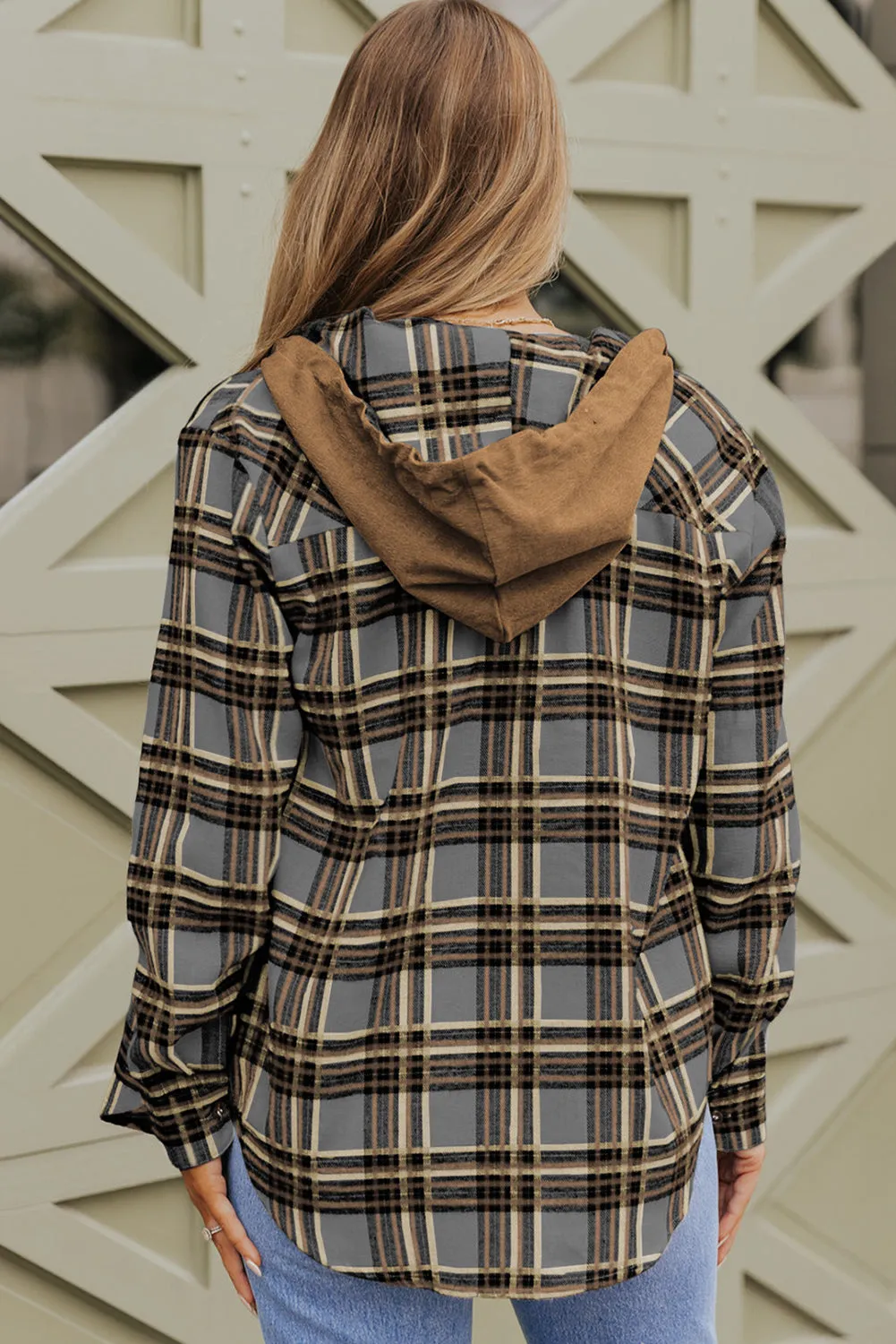 Gray Contrast Hooded Drawstring Plaid Shacket