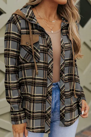 Gray Contrast Hooded Drawstring Plaid Shacket