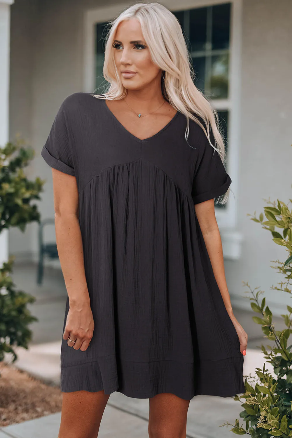 Gray Roll Up Short Sleeve V Neck Babydoll Mini Dress