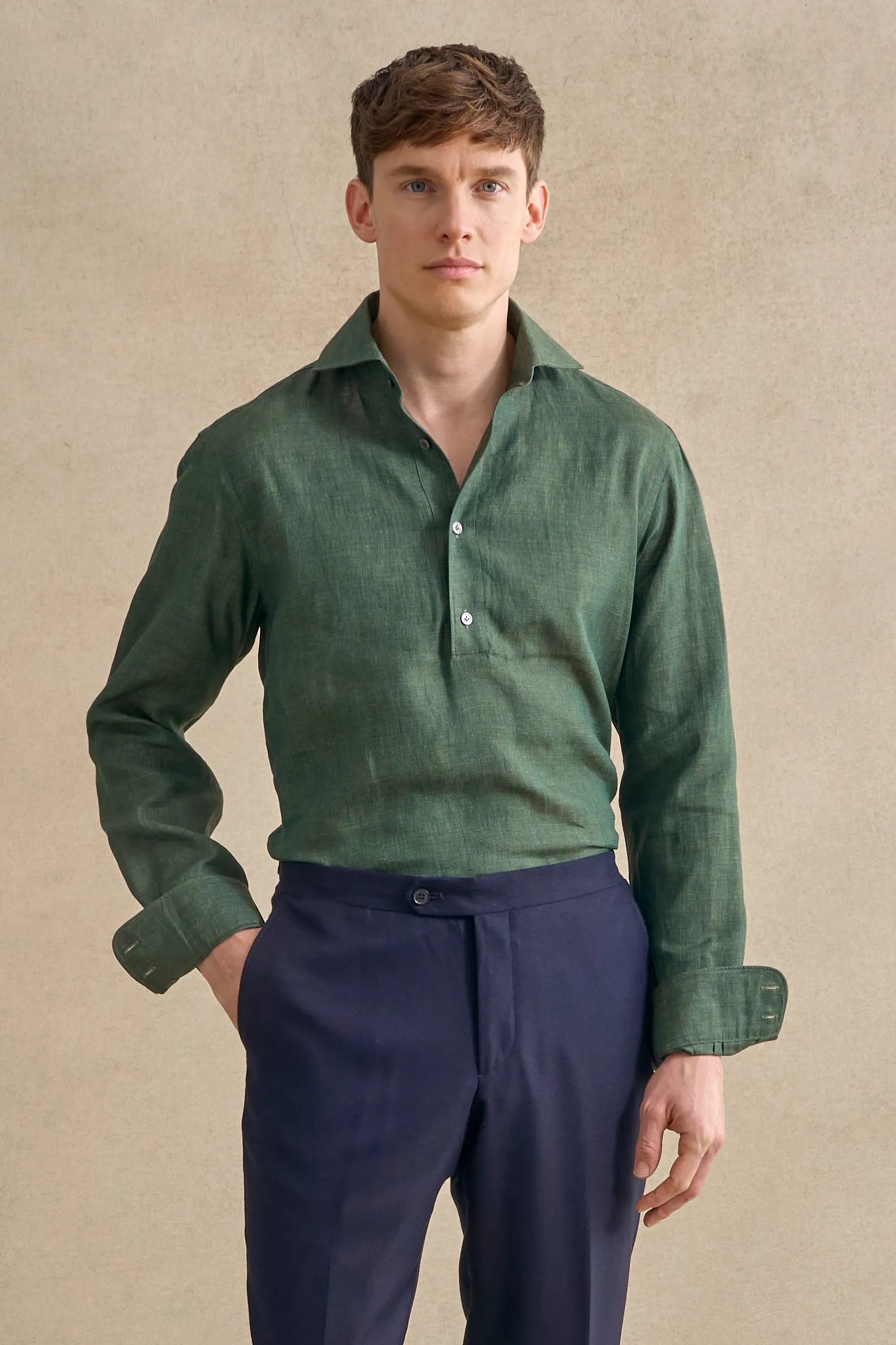 Green One Piece Collar Linen Popover Shirt