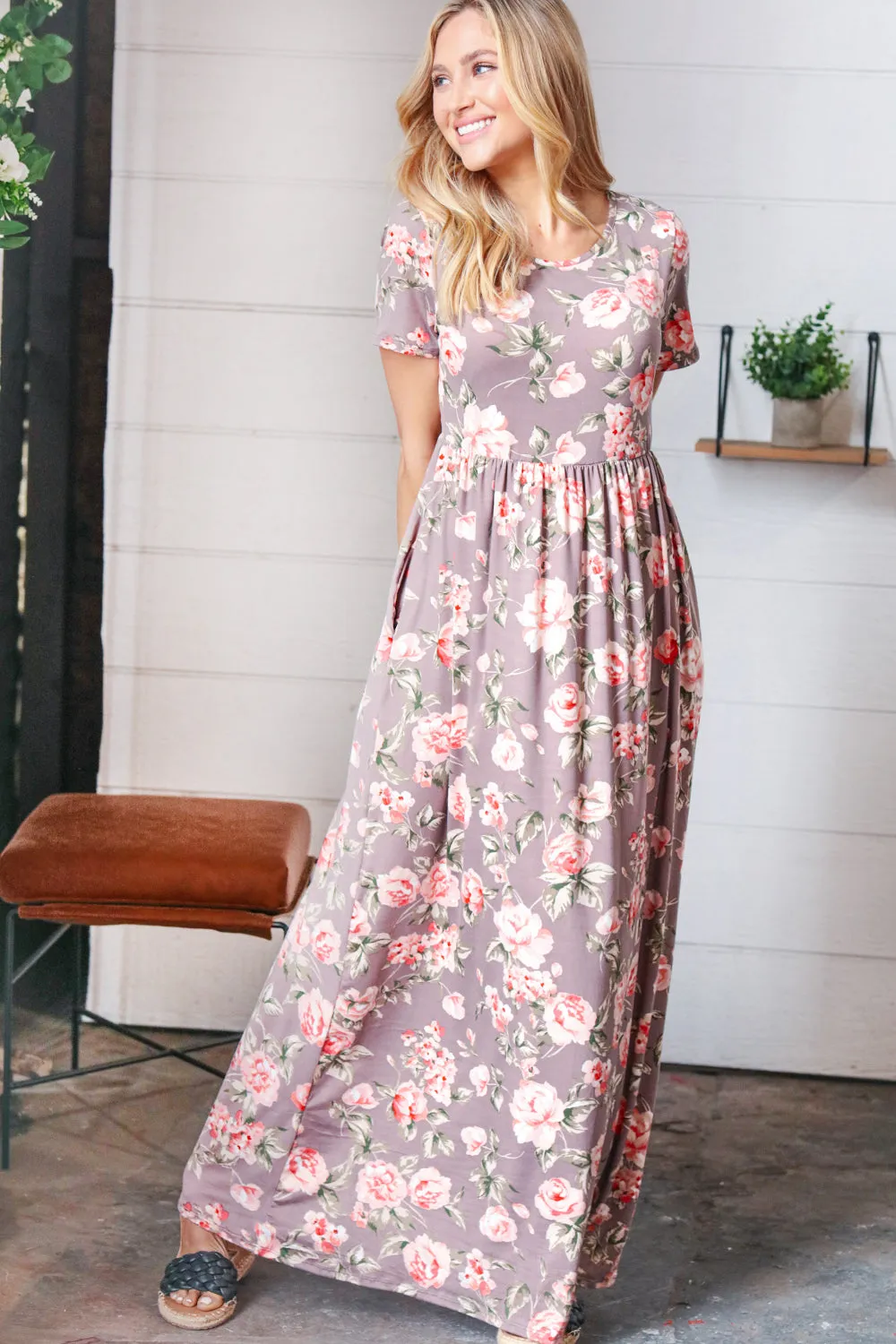 Grey Floral Print Pocketed Maxi Dress