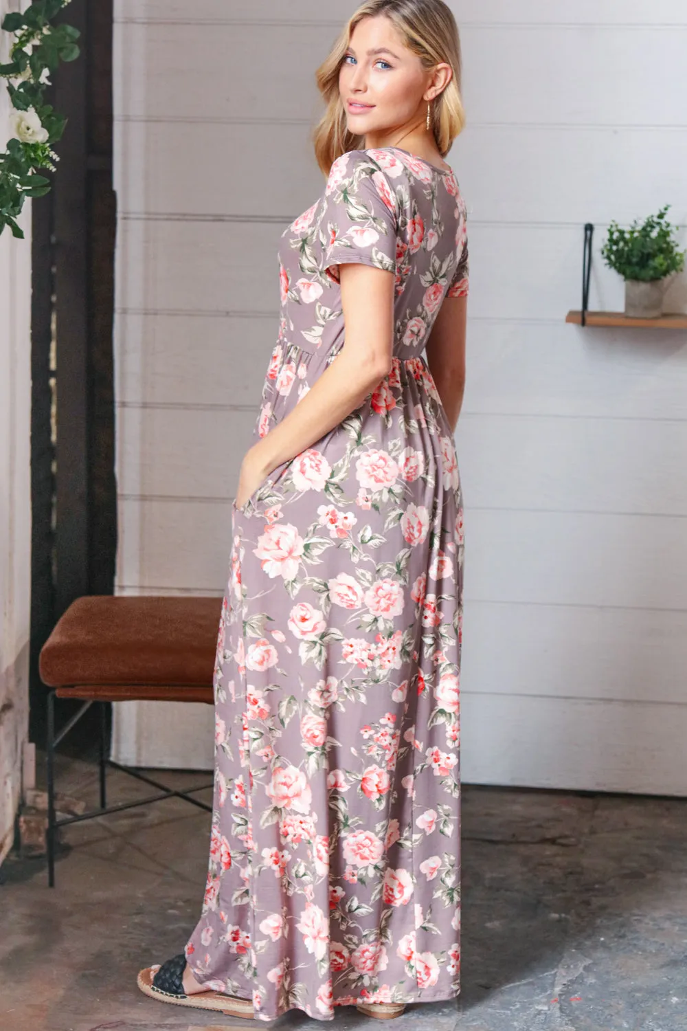 Grey Floral Print Pocketed Maxi Dress