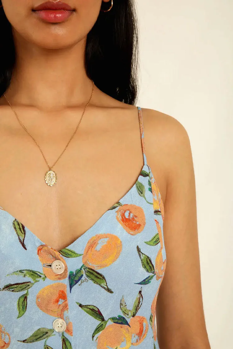 Groovy Fruit Printed Button Up French Style Slip Midi Dress -Blue