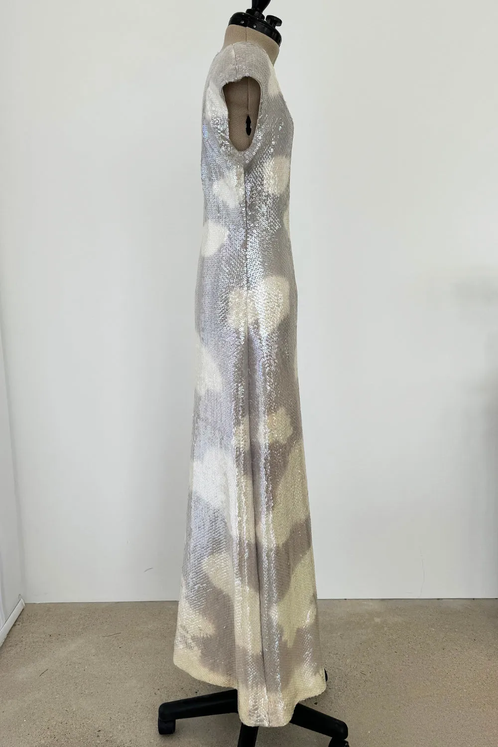 Halston Fall 1973 Cloud Dress in Silver Grey & Ivory Covered with Iridescent Sequins - 13-14" W