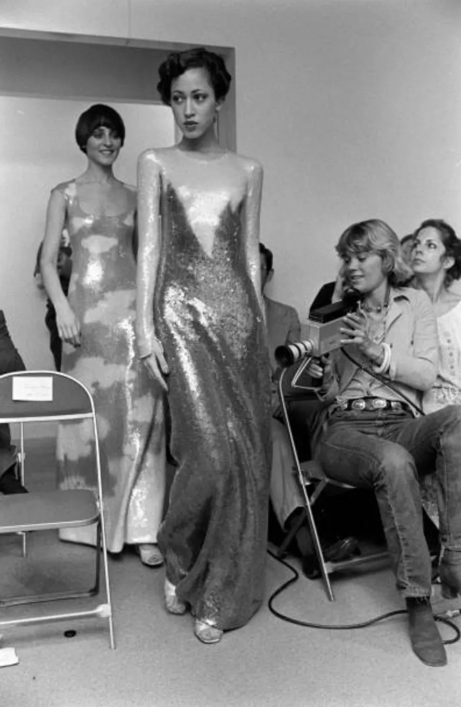Halston Fall 1973 Cloud Dress in Silver Grey & Ivory Covered with Iridescent Sequins - 13-14" W